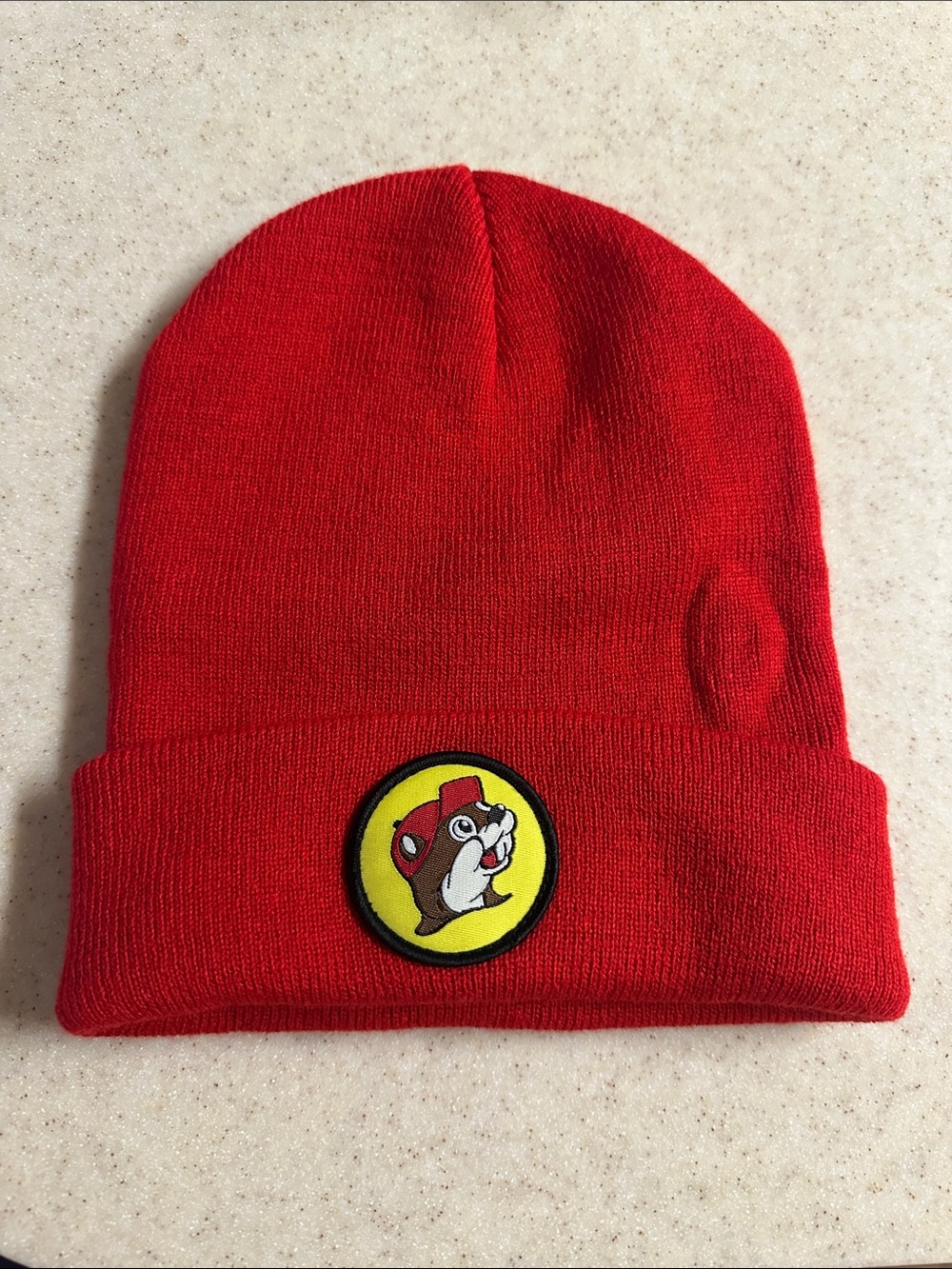 Red Knit Cuffed Beanie with Cartoon Patch
